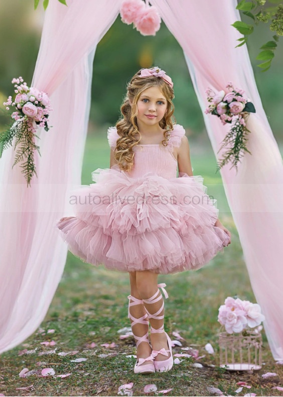 Pearl Beaded Pink Tulle Tiered Flower Girl Dress